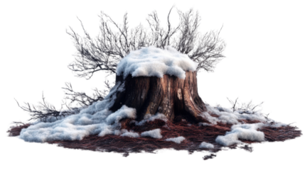 "A frozen old tree stump with snow piled high on top, isolated on transparent background, surrounded by frosty ground and branches."