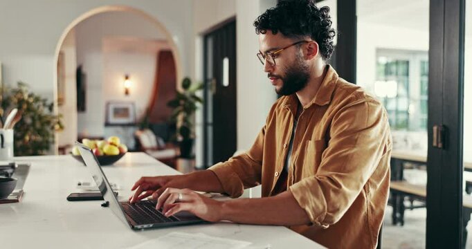 Laptop, writing budget and man with notebook, checklist or diary entry in home for planning bills. Financial, documents and person bookkeeping for accounting audit, investment growth or income report