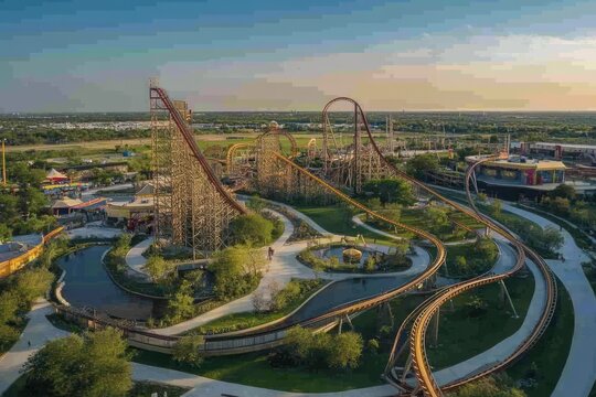 Scenic amusement park with roller coasters