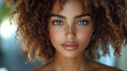 Fototapeta premium Natural-haired influencer showcasing a twist-out style, defined curls, soft bouncy look
