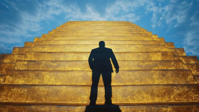 Golden staircase emerging from the ground, with a shadow of a leader climbing towards success