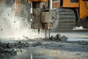 Road Drill Breaking Concrete Pavement