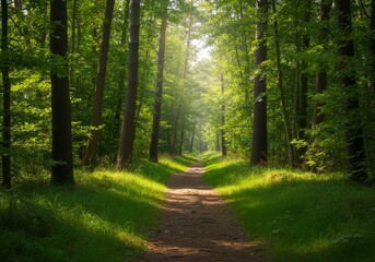 Obraz premium Walking Path Through a Green Forest with Sunlight Filtering Through Trees