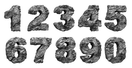 The set of stone numbers on transparent background. The grungy and rocky digits collection. 3d render