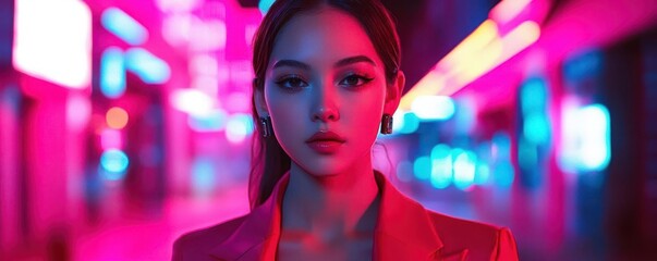 High-tech fashion model in a neon-lit urban environment, bold colors, extreme contrast, futuristic and exotic aesthetic