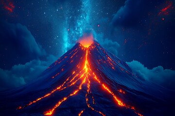 Erupting volcano at night, lava flowing with starry sky background, for fantasy art