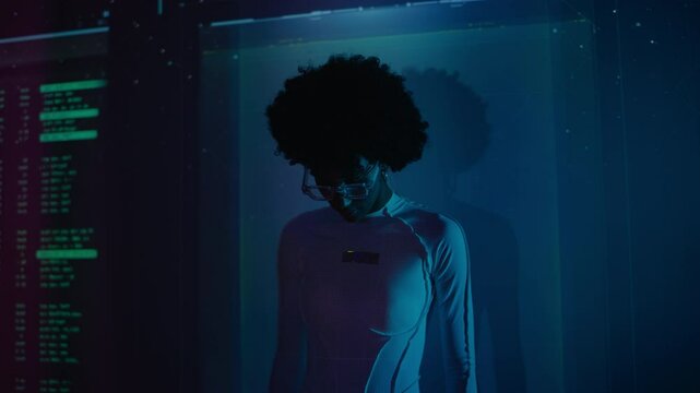 Woman being scanned by AI, existing in a digital cyberspace, cyborg waking up