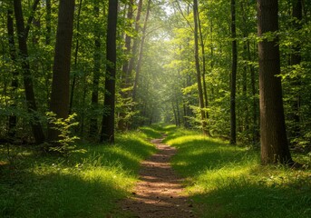 Fototapeta premium Walking Trail Through Forest with Sunlight Shining Through Green Trees