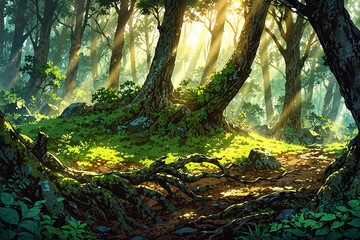 Fototapeta premium A tranquil anime-style woodland where golden sunrays pierce the dense fog over mossy roots and dew-covered ground
