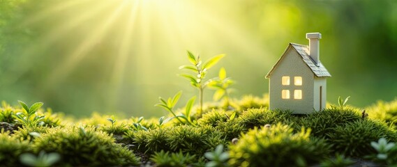 Tiny white home model placed on mossy ground, bathed in soft golden sunlight, idyllic nature scene, eco-friendly housing inspiration, peaceful and tranquil atmosphere, lush greenery background.
