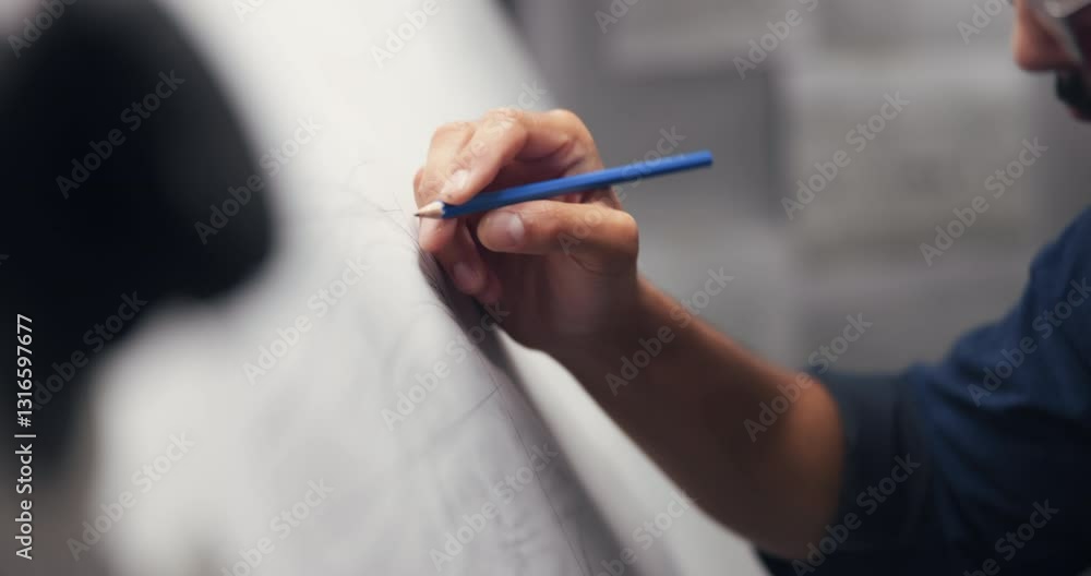 Aufkleber Man, hands and chart for architect drawing in office, ruler and building design on paper. Deadline, engineering project and measurement tool in workplace, property development and expansion sketch