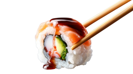 A fresh sushi roll with a perfect combination of ingredients, a touch of soy sauce dripping from the top, held by chopsticks, isolated on transparent background."