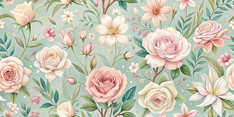 A Delicate Arrangement of Pastel Roses, Magnolias, and Other Exquisite Blossoms on a Soft Mint Green Background, Creating a Seamless Floral Pattern Ideal for Various Design Applications