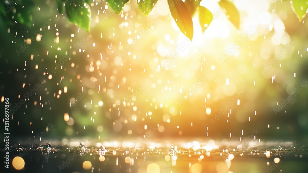 Poster a serene scene featuring sunlight filtering through leaves, with rain creating a beautiful, sparklin