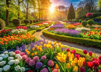 Obraz premium Vibrant spring blossoms burst in colorful flowerbeds, showcasing a neatly designed garden landscape.
