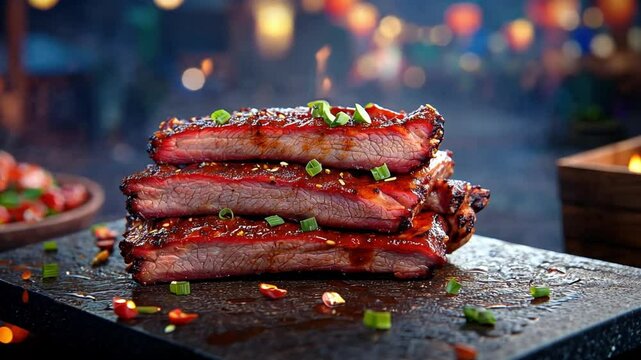 Delicious Barbecue Brisket Stacked with Glaze and Garnish on a Rustic Wooden Table Surrounded by a Warm and Inviting Atmosphere