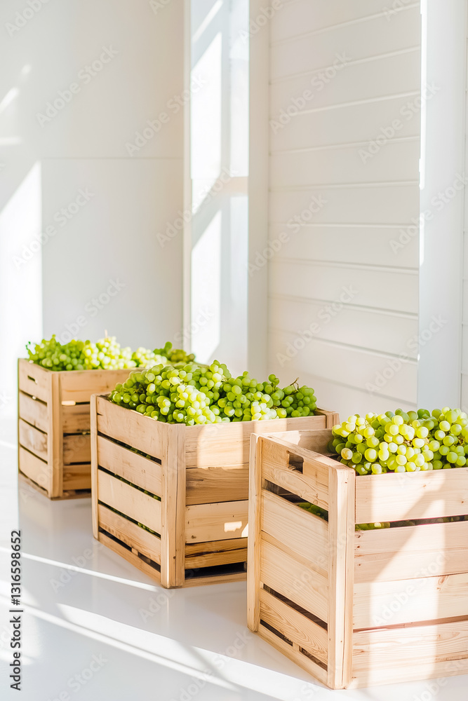 Poster organized grape crates fill a cold storage room, illuminated by bright white light that underscores 