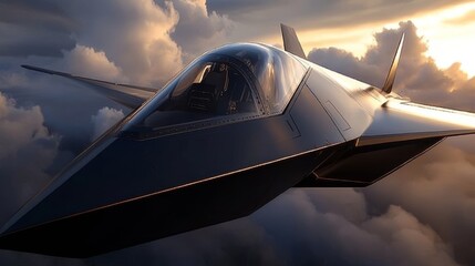 A stealth aircraft with angular lines and a sleek design, cockpit visible with glass reflections, set against a cloudy sky. 