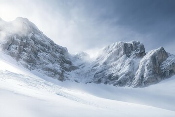 Obraz premium A remote winter mountain, its snow-covered cliffs standing against a bright sky.