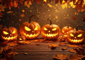 Glowing Jack O' Lanterns on Wooden Table with Falling Autumn Leaves