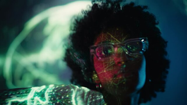 Young woman with natural black hair dancing on cybercity backdrop, superhuman AI
