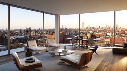 Modern apartment with panoramic city view at sunset.