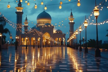 Night view of a grand mosque illuminated, string lights lining a pathway. Perfect for depicting serenity, spirituality, or Islamic culture.