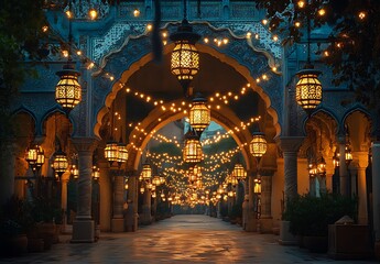 Obraz premium Glowing Archway with Ornate Lanterns and String Lights in the Evening