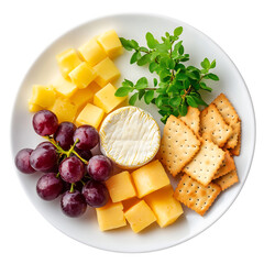 A Plate of Gourmet Cheese with Grapes and Crackers Isolated on Transparent Background