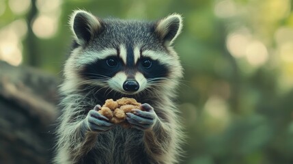Fototapeta premium A captivating raccoon portrait holding a tasty snack in a lush forest setting