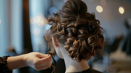 Fototapeta premium A stylist is putting the finishing touches on a woman's hair.