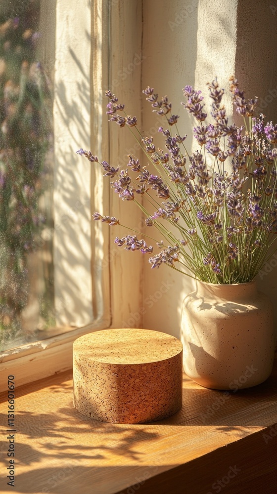Poster warm afternoon sunlight streams through the window, illuminating a simple vase filled with fragrant 