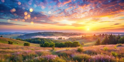 Obraz premium Golden Hour Serenity A Breathtaking Panorama of Rolling Hills, Lush Meadows, and a Vibrant Sunrise