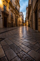 Obraz premium Charming cobblestone street illuminated at dusk in a historic Italian village