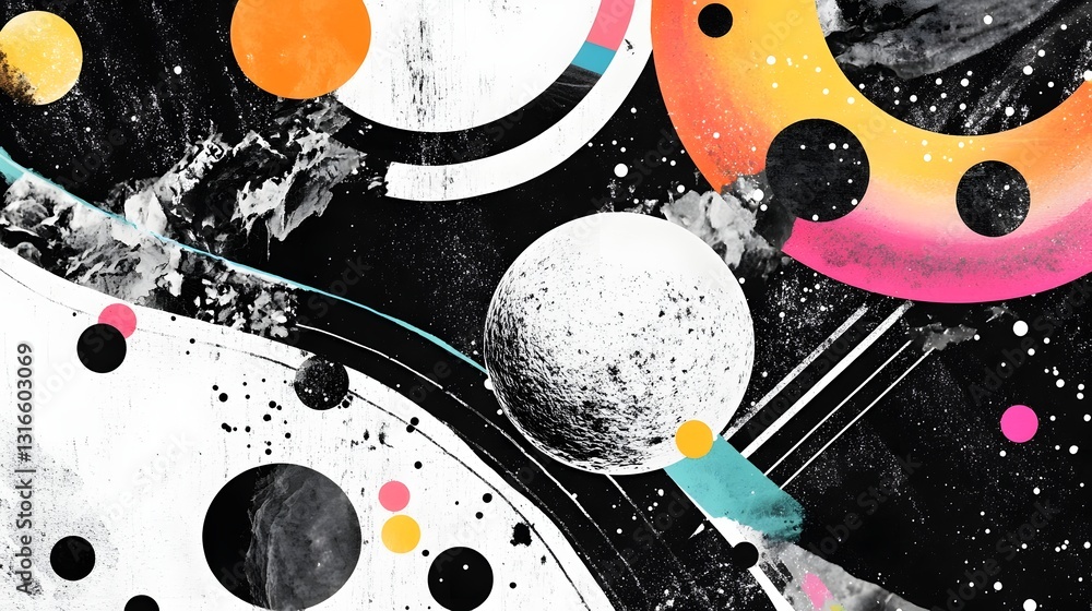Fototapete Vibrant Cosmic Explosion Abstract Geometric Shapes and Gradient Background  Surreal futuristic and visually striking digital with planets spheres and splatter elements in a dynamic