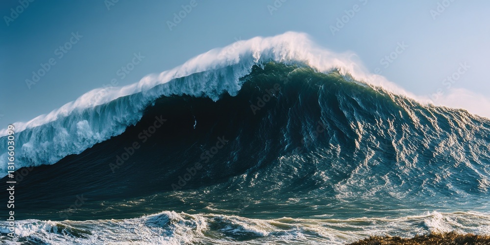 Poster The image captures a stunning moment of nature's power, as a large wave crashes onto the shore, creating an impressive display that combines both ocean and sky elements.
