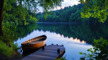Obraz premium Tranquil Morning by the Lake with a Wooden Boat and Lush Greenery