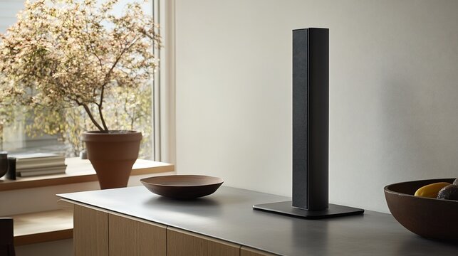 Modern black speaker on countertop near window, minimalist kitchen interior