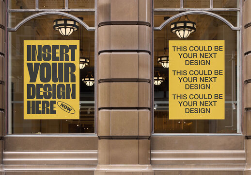 Two Empty posters in Windows of a store in Sydney. PSD mockup template 