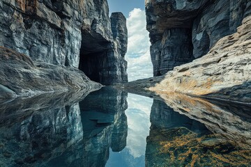 A rock pool with a reflective surface mirroring the surrounding cliffs and sky.