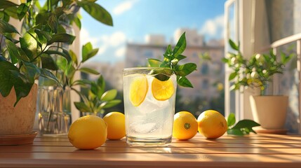 Fototapeta premium Refreshing Lemonade Drink with Fresh Lemons on Sunny Table
