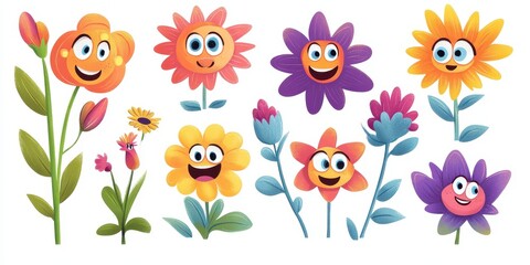 A collection of colorful cartoon smiling flowers on stems