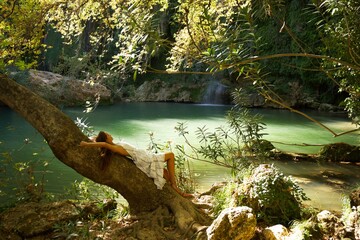A woman in a flowing dress sits on a curved tree trunk, gazing at a peaceful green lagoon with a...