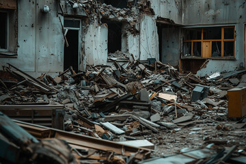 Narrow valley with building collapse after earthquake and tornado, Cityscape view with plenty debris, Collapse town after civil war with plenty of wreckage.