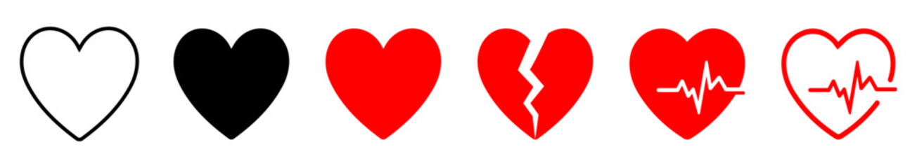 Set of heart icons outline, filled, broken, and heartbeat styles. Perfect for love, health, medical, dating, heartbreak, and cardiology themes in web, app, and graphic design.