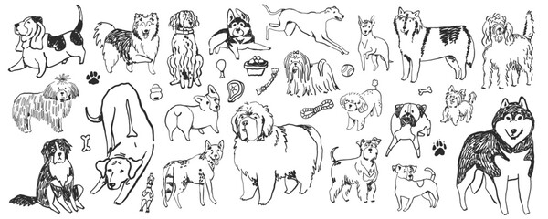 Hand-drawn doodle dog breeds set, whimsical ink sketched illustrations