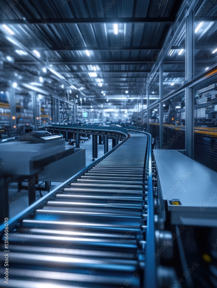 Poster highly automated facility with robotic arms and machinery working on an assembly line.