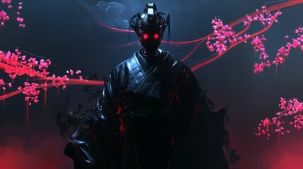 Fototapeta premium Futuristic Cybernetic Figure in Kimono Surrounded by Cherry Blossoms