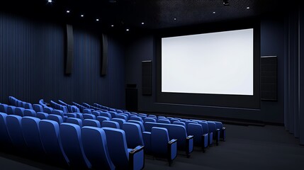 Obraz premium Empty Movie Theater: A 3D Render of a Dark Blue Auditorium with a Blank Screen AI Generated