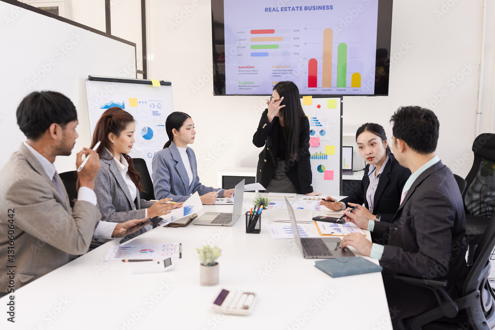 Poster group of business people working together with dashboard analysis and data management a meeting tabl